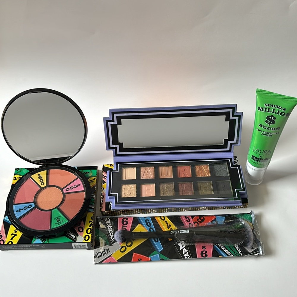 Laura Geller Wheel of Fortune Eye Shadow, Blush Palette, Brush & Primer Bundle